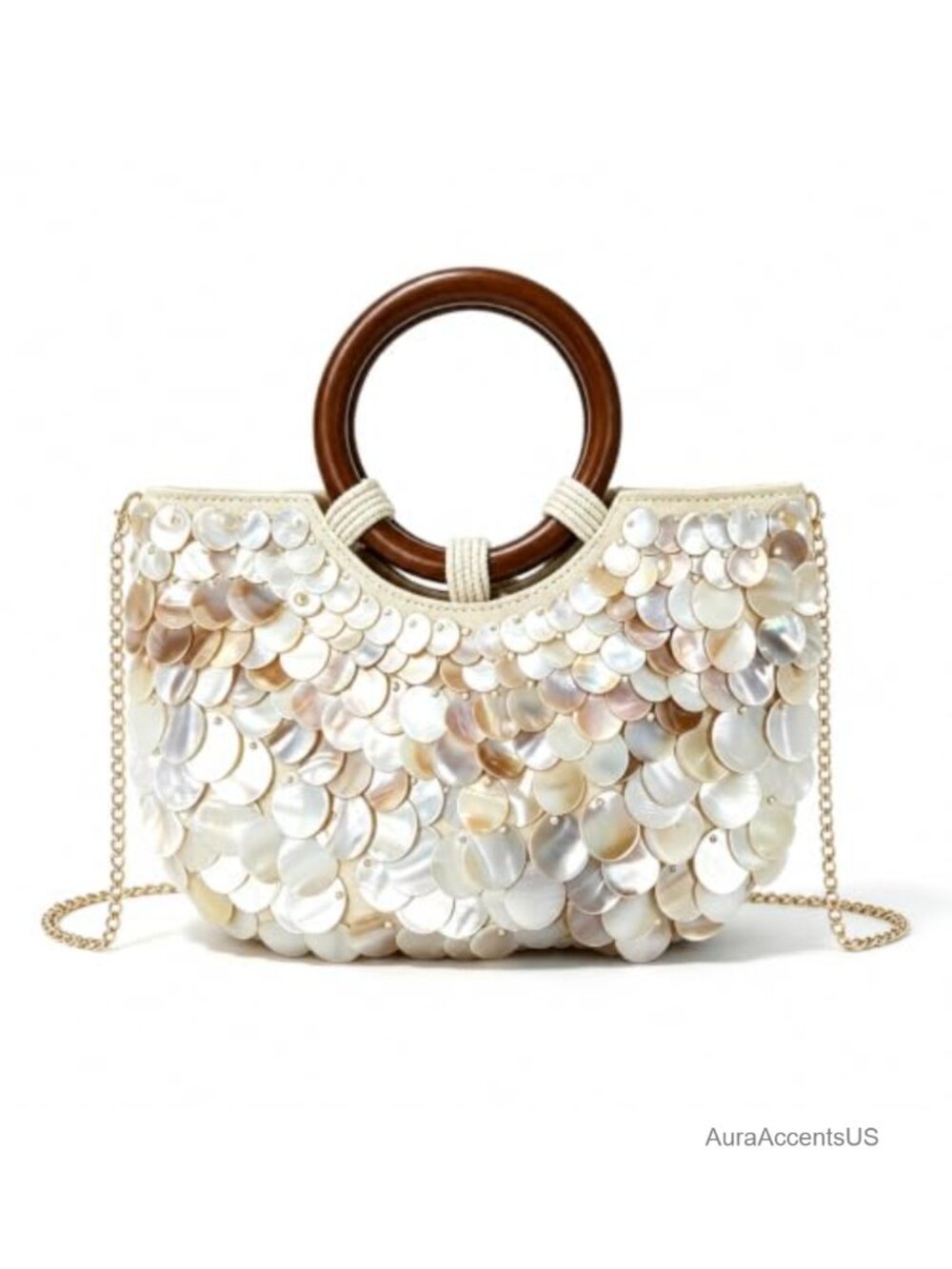 Shell Beaded Clutch Purse with Wooden Handle & Chain Strap
